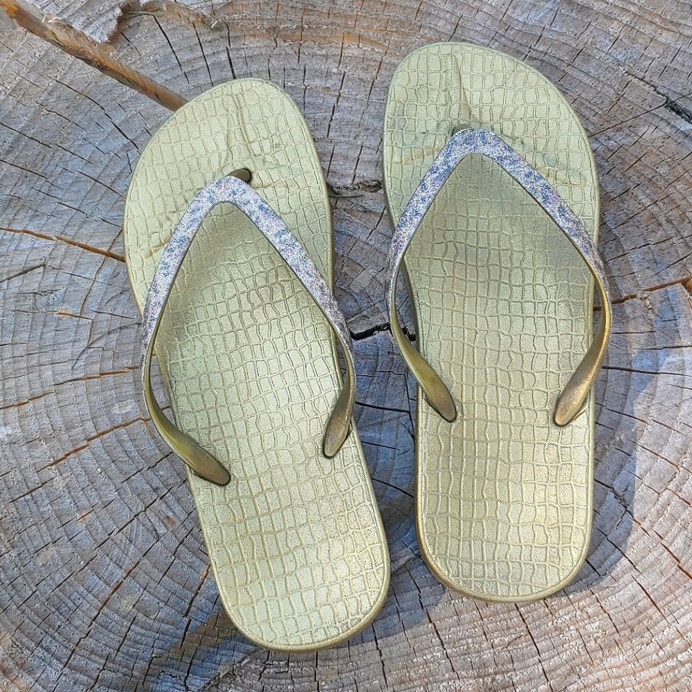 Gold Crocodile/Leopard Flip Flops